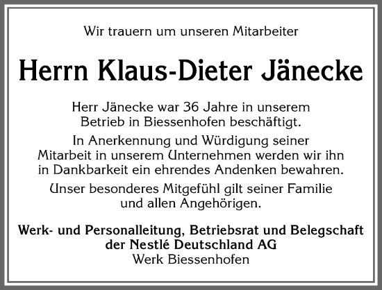 Traueranzeige von Klaus-Dieter Jänecke von Allgäuer Zeitung, Marktoberdorf