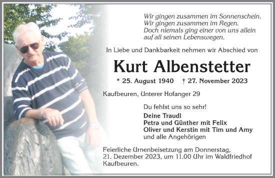 Traueranzeige von Kurt Albenstetter von Allgäuer Zeitung, Kaufbeuren/Buchloe