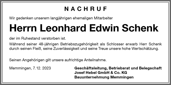 Traueranzeige von Leonhard Edwin Schenk von Memminger Zeitung