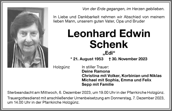 Traueranzeige von Leonhard Edwin Schenk von Memminger Zeitung