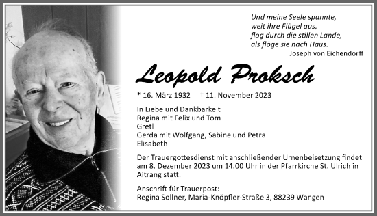 Traueranzeige von Leopold Proksch von Allgäuer Zeitung, Marktoberdorf