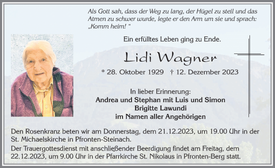 Traueranzeige von Lidi Wagner von Allgäuer Zeitung, Füssen