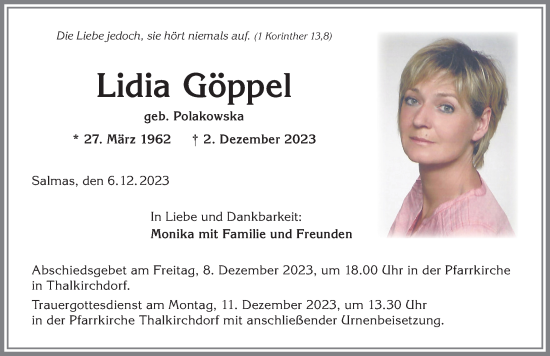 Traueranzeige von Lidia Göppel von Allgäuer Anzeigeblatt