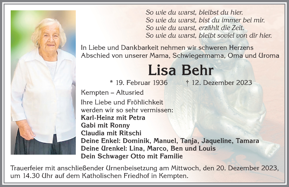  Traueranzeige für Lisa Behr vom 16.12.2023 aus Allgäuer Zeitung,Kempten