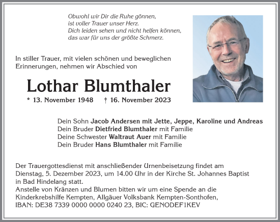 Traueranzeige von Lothar Blumthaler von Allgäuer Anzeigeblatt