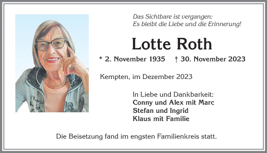 Traueranzeige von Lotte Roth von Allgäuer Zeitung,Kempten