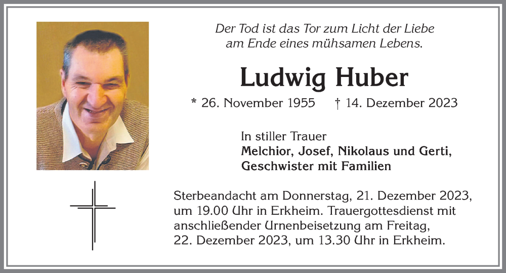  Traueranzeige für Ludwig Huber vom 19.12.2023 aus Memminger Zeitung