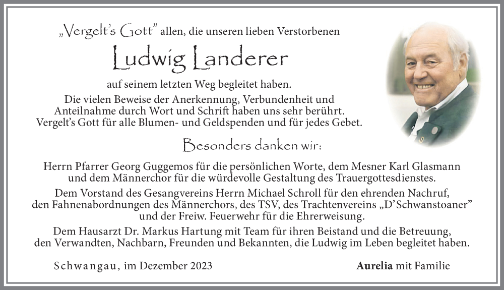  Traueranzeige für Ludwig Landerer vom 19.12.2023 aus Allgäuer Zeitung, Füssen