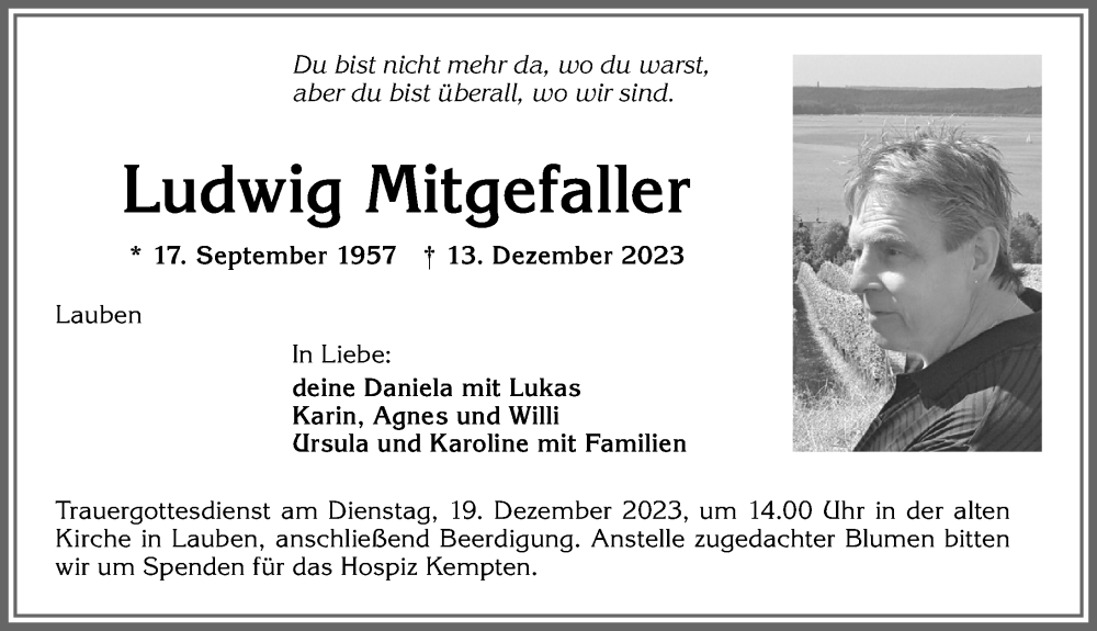  Traueranzeige für Ludwig Mitgefaller vom 16.12.2023 aus Allgäuer Zeitung,Kempten