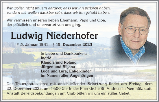Traueranzeige von Ludwig Niederhofer von Allgäuer Zeitung,Kempten