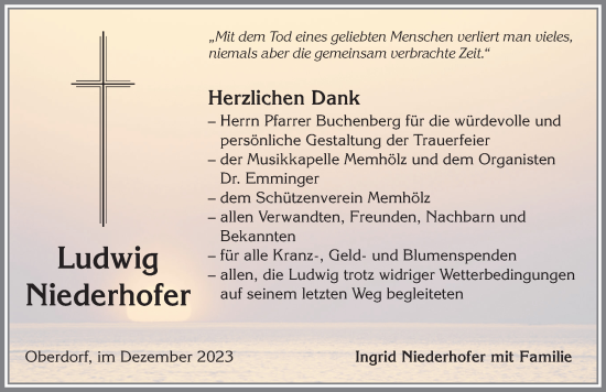 Traueranzeige von Ludwig Niederhofer von Allgäuer Zeitung,Kempten