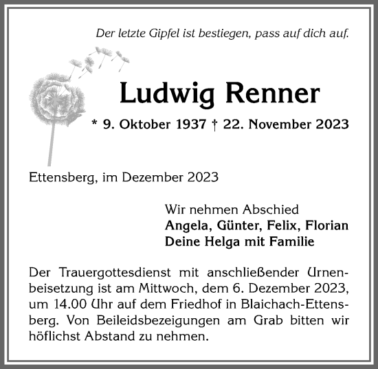 Traueranzeige von Ludwig Renner von Allgäuer Anzeigeblatt
