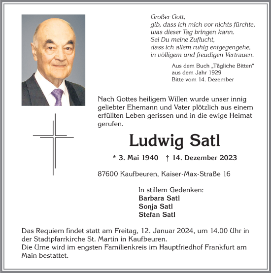 Traueranzeige von Ludwig Satl von Allgäuer Zeitung, Kaufbeuren/Buchloe