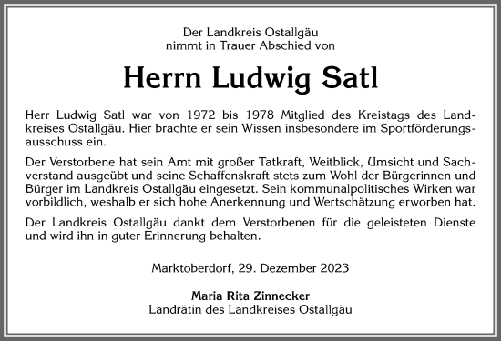 Traueranzeige von Ludwig Satl von Allgäuer Zeitung, Kaufbeuren/Buchloe