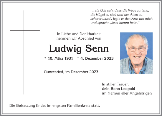 Traueranzeige von Ludwig Senn von Allgäuer Anzeigeblatt
