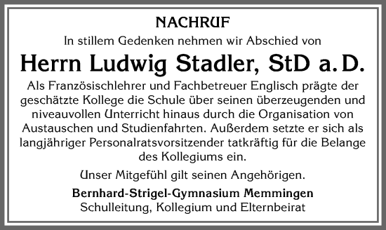 Traueranzeige von Ludwig Stadler von Memminger Zeitung