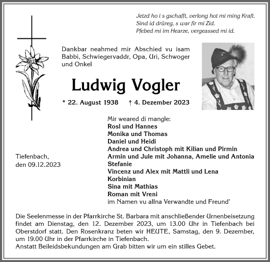 Traueranzeige von Ludwig Vogler von Allgäuer Anzeigeblatt