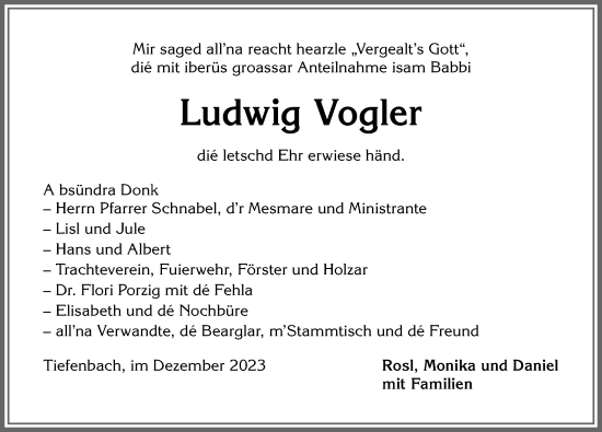 Traueranzeige von Ludwig Vogler von Allgäuer Anzeigeblatt