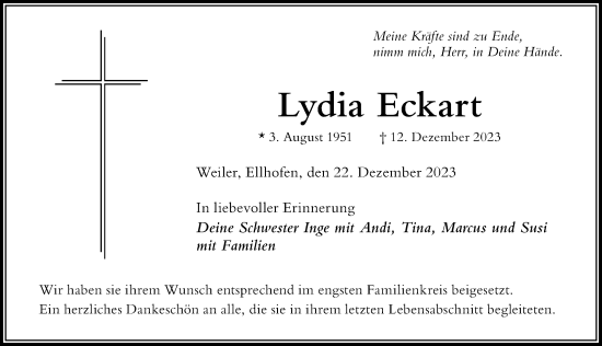 Traueranzeige von Lydia Eckart von Der Westallgäuer