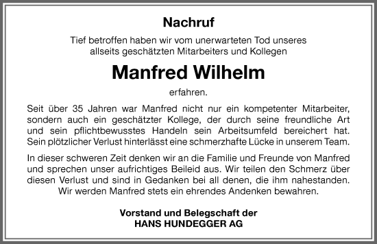 Traueranzeige von Manfred Wilhelm von Memminger Zeitung