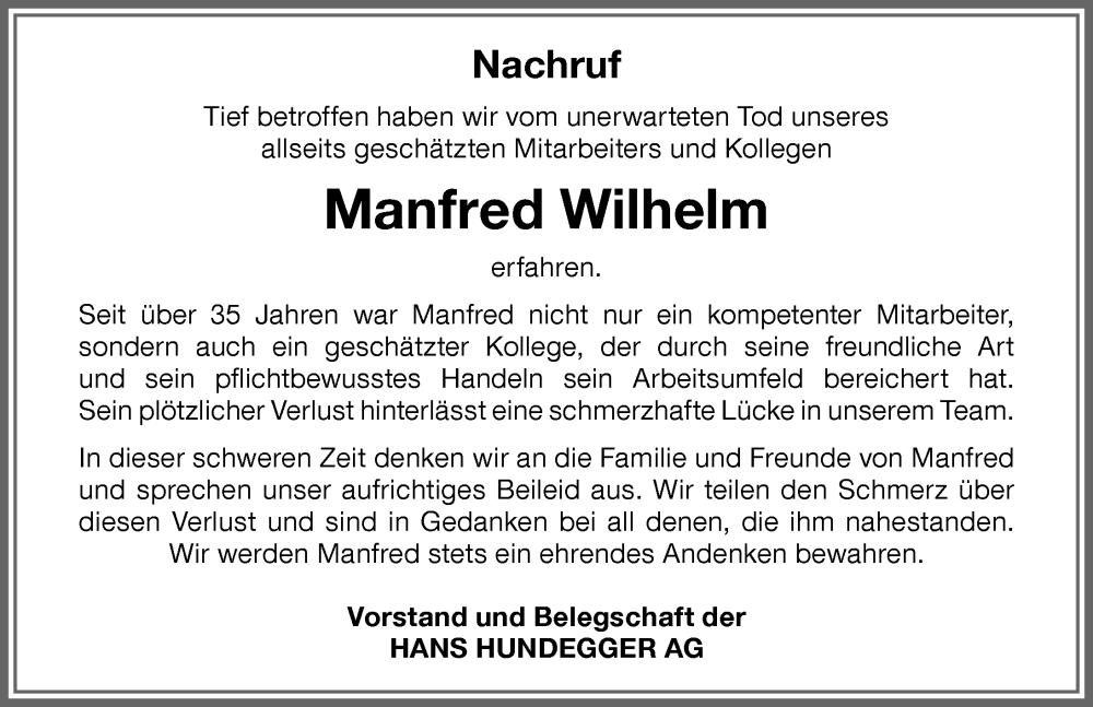  Traueranzeige für Manfred Wilhelm vom 02.12.2023 aus Memminger Zeitung