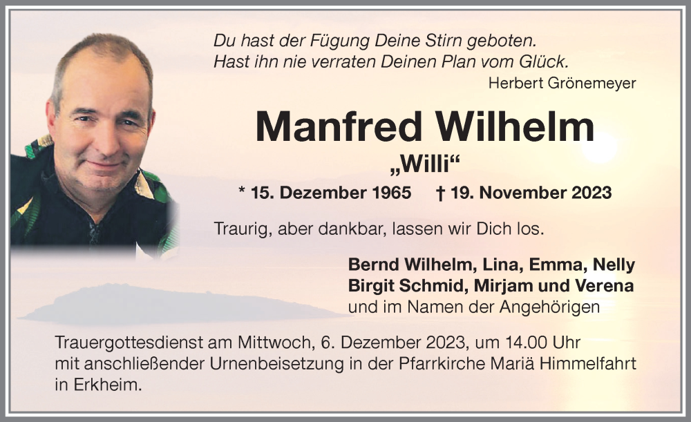  Traueranzeige für Manfred Wilhelm vom 02.12.2023 aus Memminger Zeitung