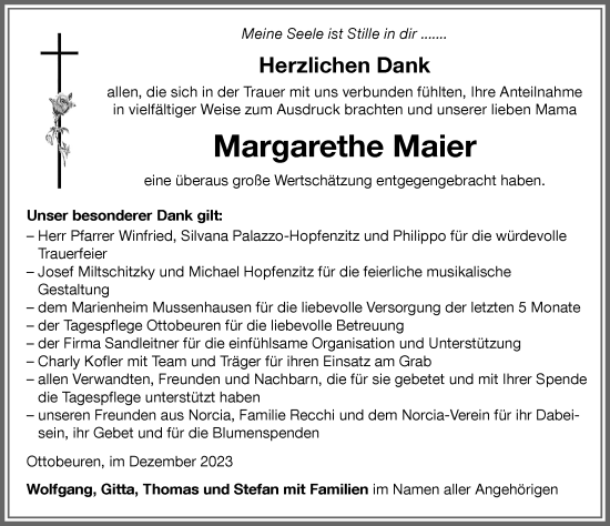 Traueranzeige von Margarethe Maier von Memminger Zeitung