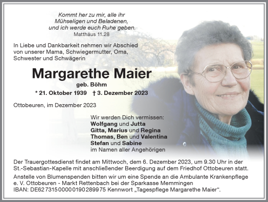 Traueranzeige von Margarethe Maier von Memminger Zeitung