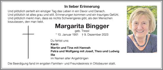 Traueranzeige von Margarita Bingger von Memminger Zeitung