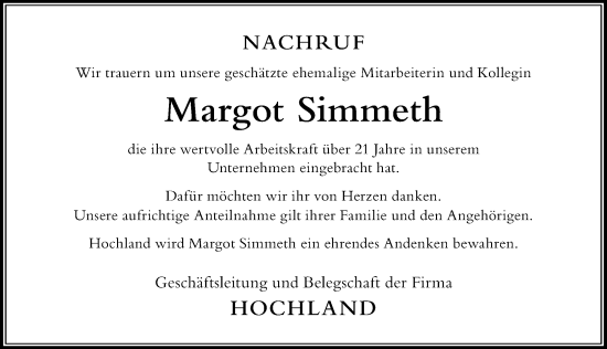 Traueranzeige von Margot Simmeth von Der Westallgäuer