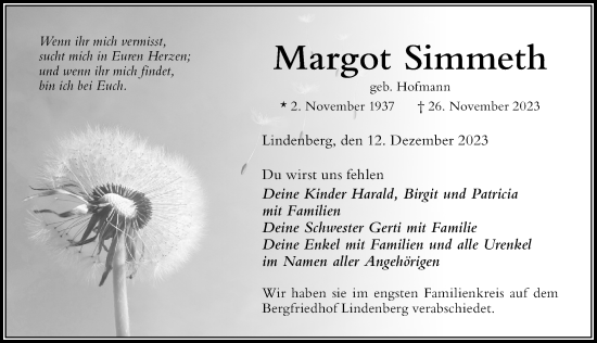 Traueranzeige von Margot Simmeth von Der Westallgäuer