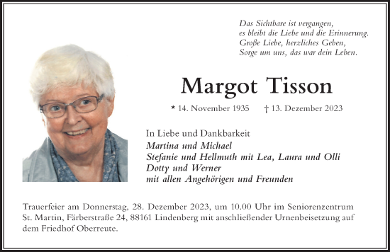 Traueranzeige von Margot Tisson von Der Westallgäuer