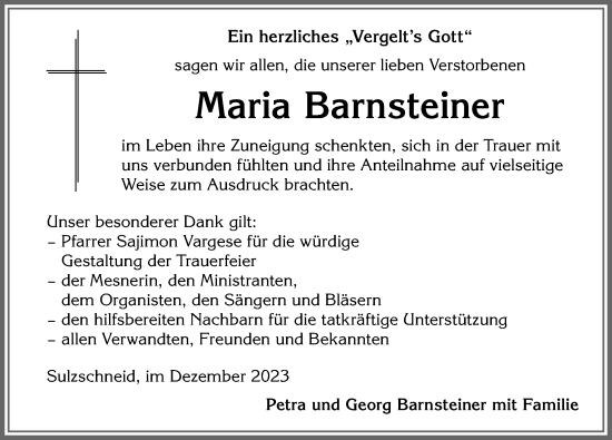Traueranzeige von Maria Barnsteiner von Allgäuer Zeitung, Marktoberdorf