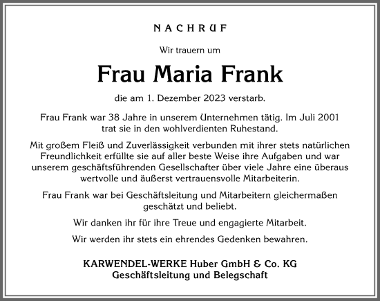 Traueranzeige von Maria Frank von Allgäuer Zeitung, Kaufbeuren/Buchloe