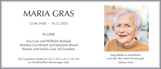 Traueranzeige von Maria Gras von Memminger Zeitung