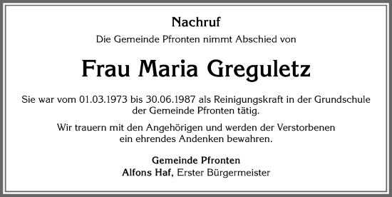 Traueranzeige von Maria Greguletz von Allgäuer Zeitung, Füssen