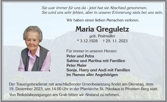 Traueranzeige von Maria Greguletz von Allgäuer Zeitung, Füssen