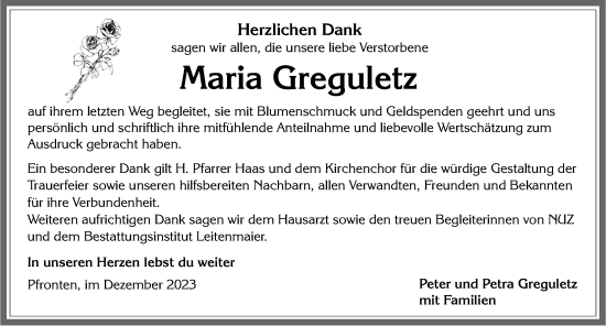 Traueranzeige von Maria Greguletz von Allgäuer Zeitung, Füssen