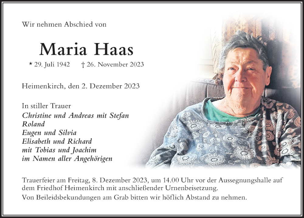  Traueranzeige für Maria Haas vom 02.12.2023 aus Der Westallgäuer