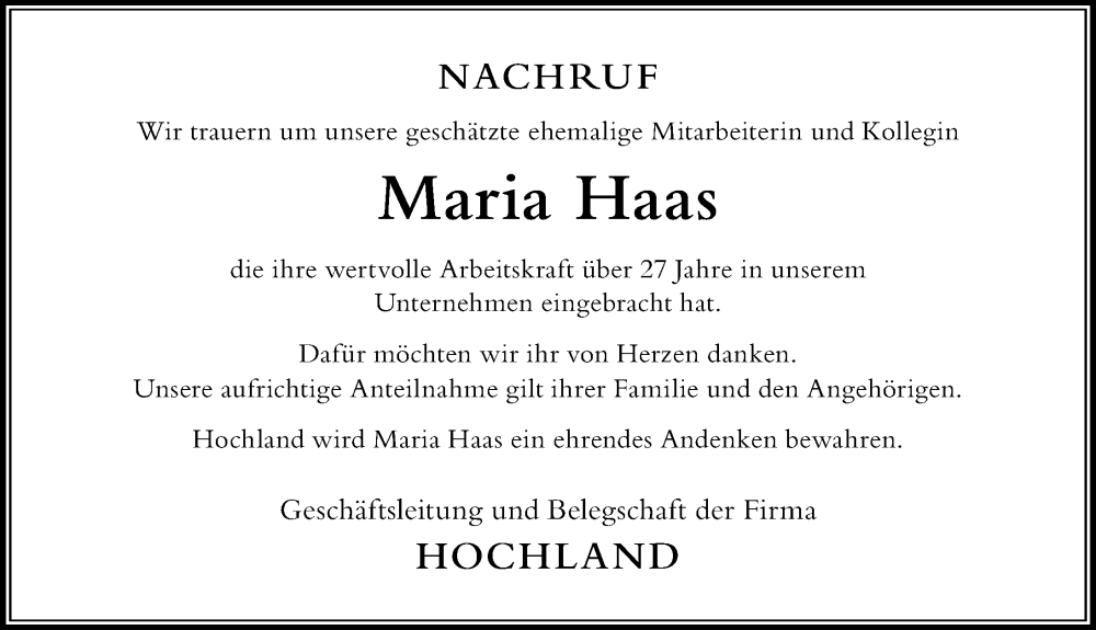  Traueranzeige für Maria Haas vom 06.12.2023 aus Der Westallgäuer