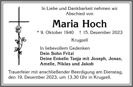 Traueranzeige von Maria Hoch von Allgäuer Zeitung,Kempten