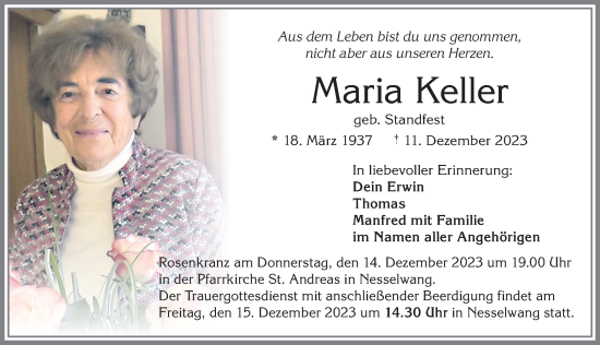 Traueranzeige von Maria Keller von Allgäuer Zeitung, Füssen