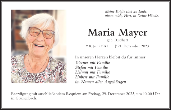 Traueranzeige von Maria Mayer von Der Westallgäuer