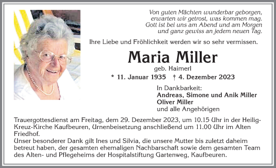 Traueranzeige von Maria Miller von Allgäuer Zeitung, Kaufbeuren/Buchloe