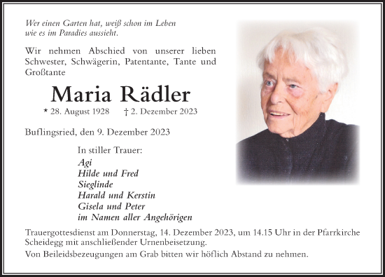 Traueranzeige von Maria Rädler von Der Westallgäuer