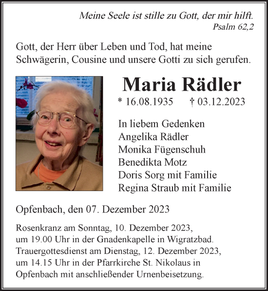 Traueranzeige von Maria Rädler von Der Westallgäuer