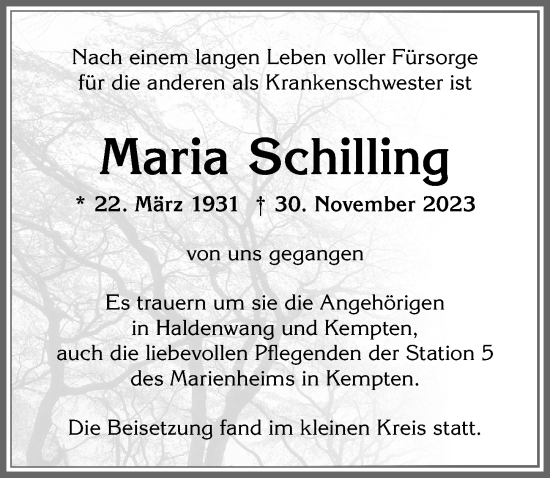 Traueranzeige von Maria Schilling von Allgäuer Zeitung,Kempten