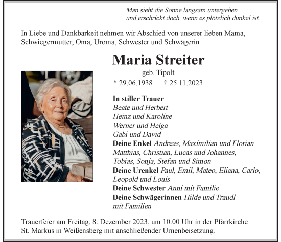 Traueranzeige von Maria Streiter von Der Westallgäuer