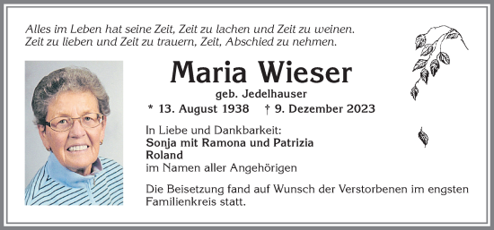 Traueranzeige von Maria Wieser von Allgäuer Zeitung, Kaufbeuren/Buchloe