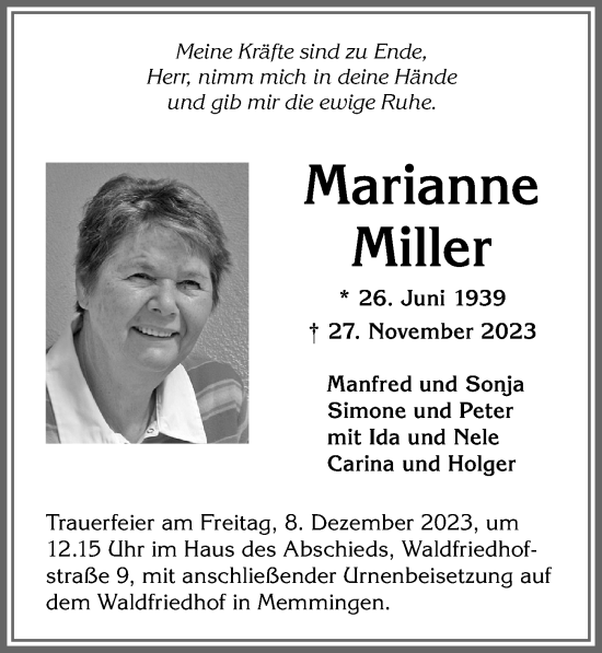 Traueranzeige von Marianne Miller von Memminger Zeitung